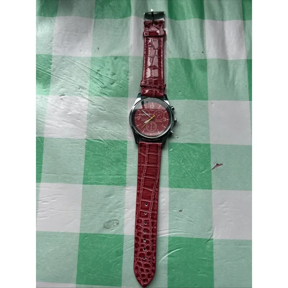Dgjud Dark Silver Tone Red Dial And Band Quartz Watch